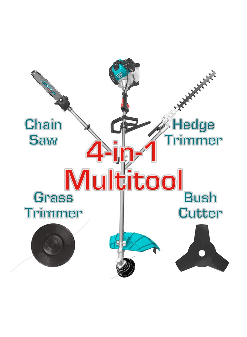 توتال طقم أدوات حدائق متعدد الوظائف يعمل بالبنزين من توتال بنظام ٤ في ١، بمحرك سعة ٥٢ سم³ وقدرة ١٫٤ كيلوواط، يضم مقص تشذيب سياج، ومشذب عشب، وقاطع شجيرات، ومنشار جنزير، مع عرض قص يصل إلى ٤٢٠ ملم - Image 2